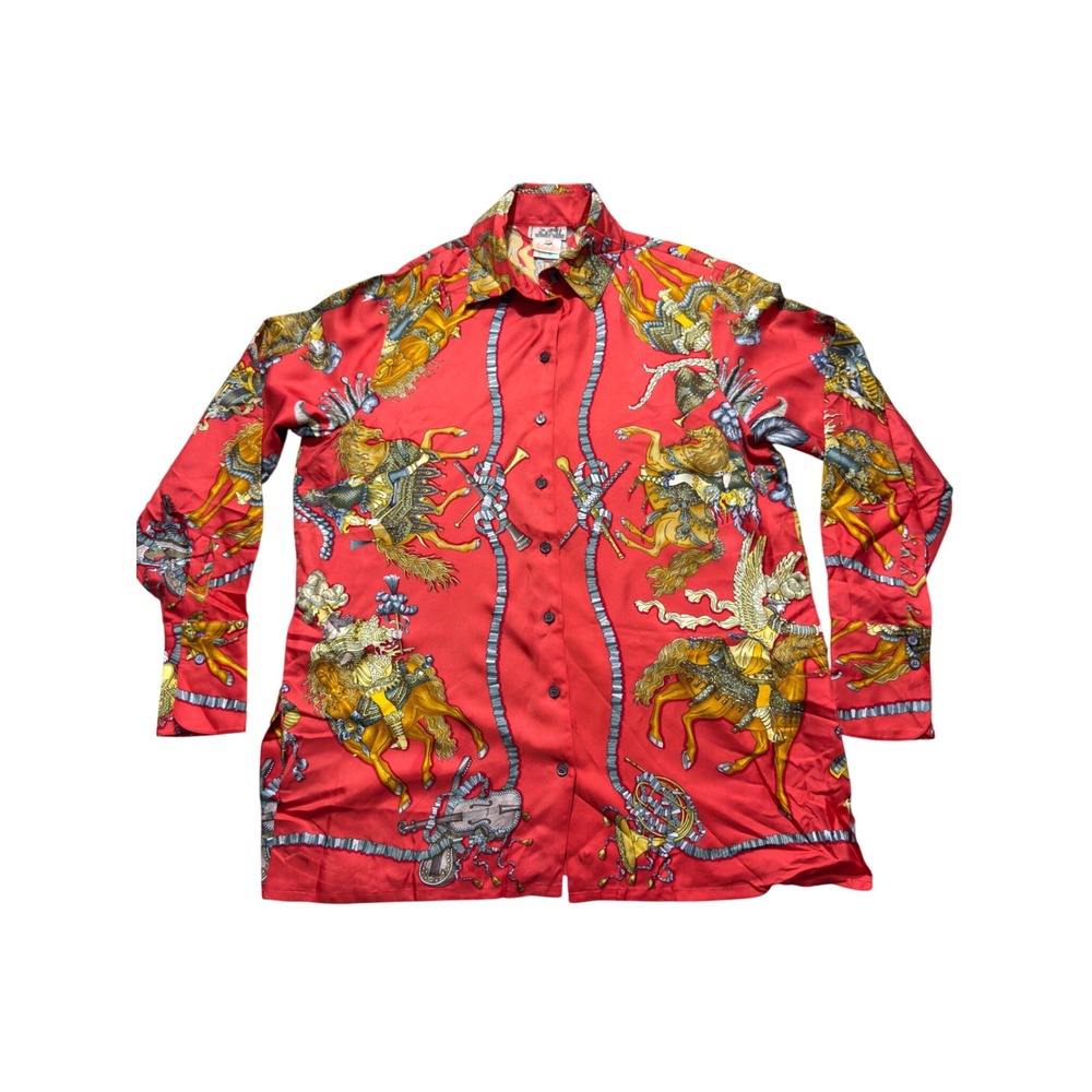 Hermes Les Fetes du Roi Soleil Silk Shirt Red Equestrian Print Size 40